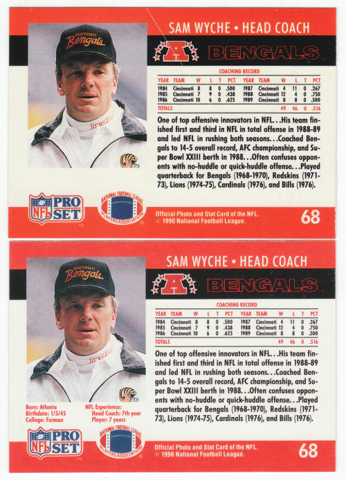 1990 Pro Set Sam Wyche 68A 68B ERR COR