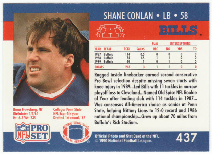 1990 Pro Set Football #437 Shane Conlan Error Card