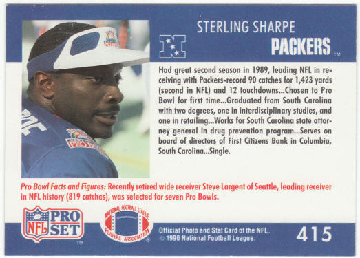 1990 Pro Set Football #415 Sterling Sharpe Pro Bowl