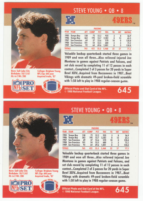 1990 Pro Set Football Steve Young 645 ERR COR