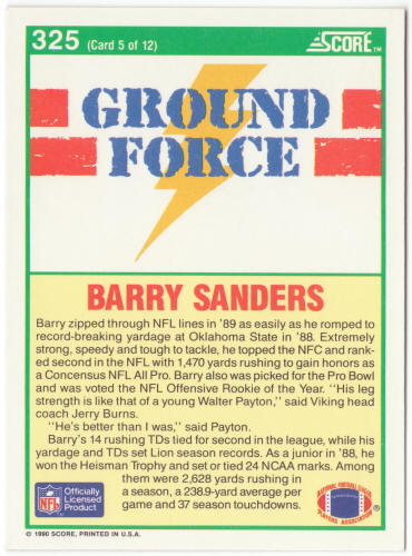 1990 Score Football #325 Barry Sanders Ground Force