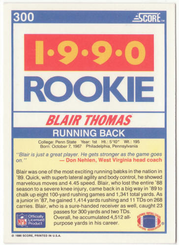1990 Score Football #300 Blair Thomas Rookie Card