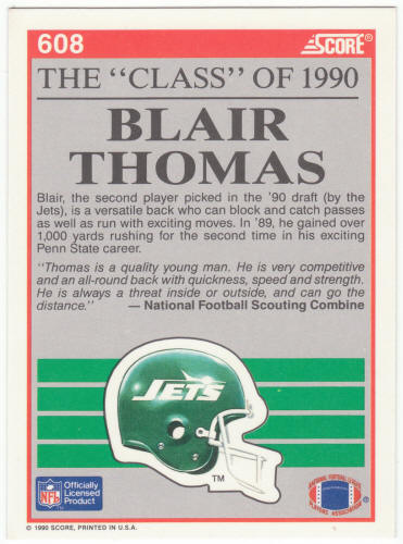 1990 Score Football #608 Blair Thomas Rookie Card