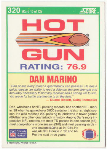 1990 Score Football #320 Dan Marino Hot Gun
