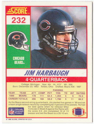 1990 Score Football #232 Jim Harbaugh Rookie Card