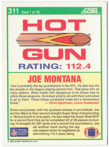 1990 Score Football #311 Joe Montana Hot Gun