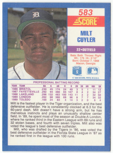 1990 Score Baseball #583B Milt Cuyler Correct Rookie Card