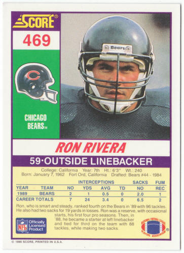 1990 Score Football #469 Ron Rivera