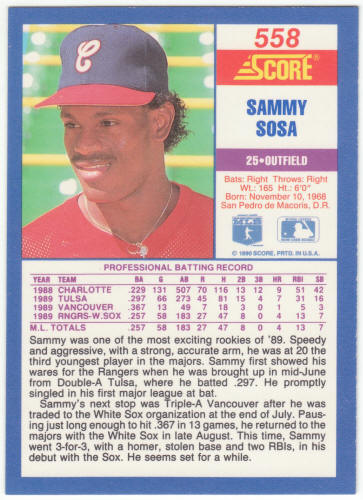1990 Score Baseball #558 Sammy Sosa Rookie Card