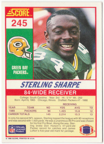 1990 Score Football #245 Sterling Sharpe UER
