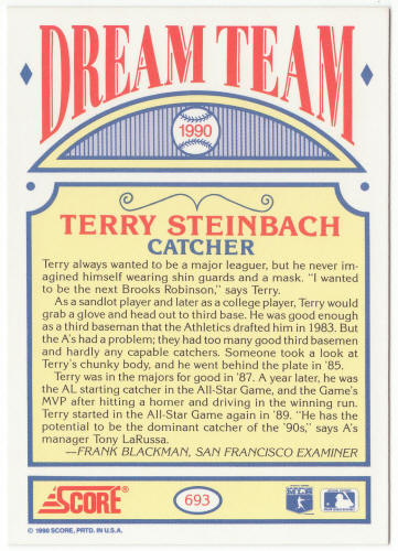 1990 Score Baseball #693B Terry Steinbach DT Correct