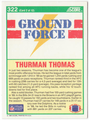 1990 Score Football #322 Thurman Thomas Ground Force