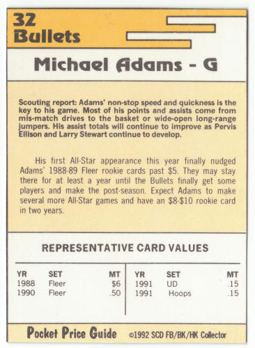 1991-92 SCD #32 Michael Adams Pocket Price Guide Card