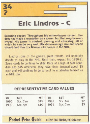 1991-92 SCD #34 Eric Lindros Pocket Price Guide Card