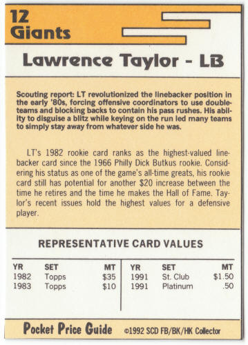 1991 1992 SCD #12 Lawrence Taylor Pocket Price Guide Card