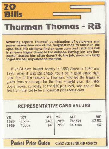 1991 1992 SCD #20 Thurman Thomas Pocket Price Guide Card