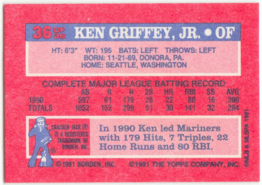1991 Cracker Jack Topps Baseball #36 Ken Griffey Jr.