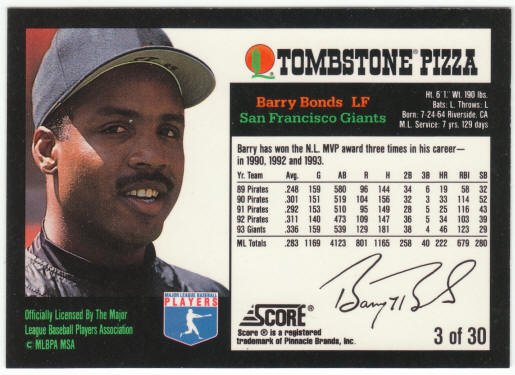 1994 Tombstone Pizza Baseball #3 Barry Bonds