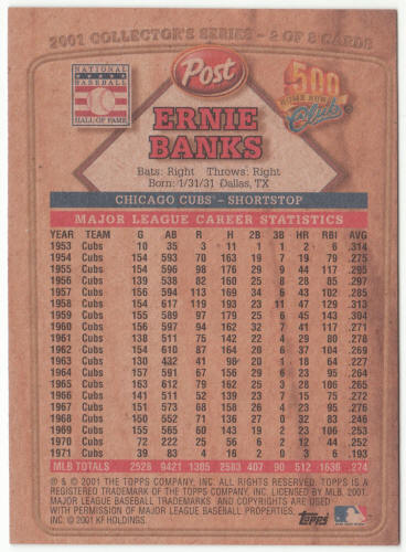2001 Post Cereal 500 Home Run Club Ernie Banks #2