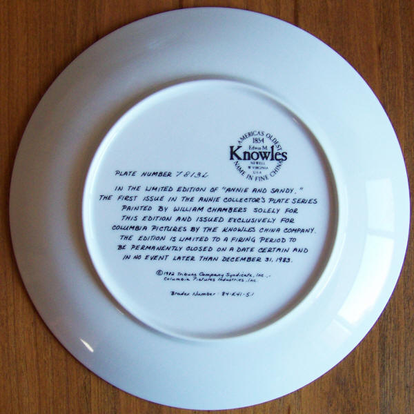 Annie And Sandy Collectors Plate 1 back