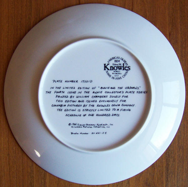 Orphans Annie Collectors Plate 4 back