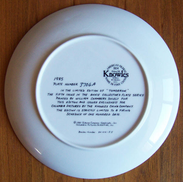 Tomorrow Annie Collectors Plate 5 back
