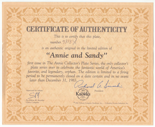 Annie Collectors Plate 1 COA