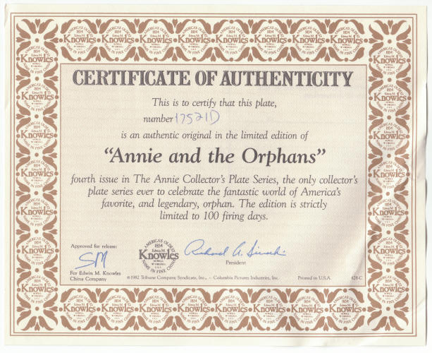 Annie Collectors Plate 4 COA