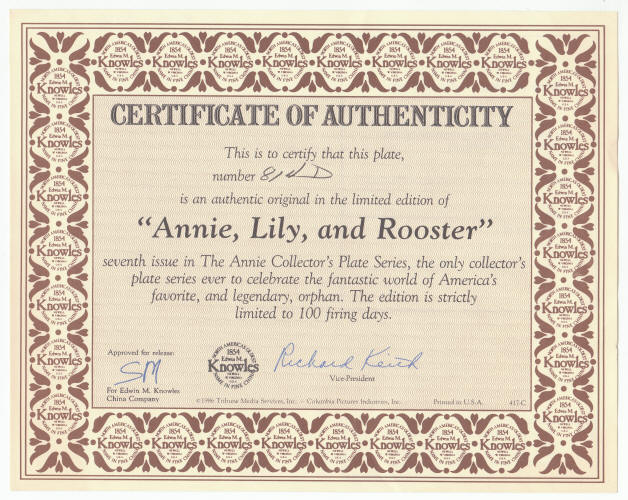 Annie Collectors Plate 7 COA