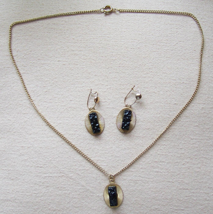 Faux Black Lava Stone Necklace Earrings Set