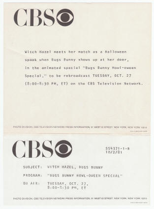 Bugs Bunny Howloween Special CBS Note