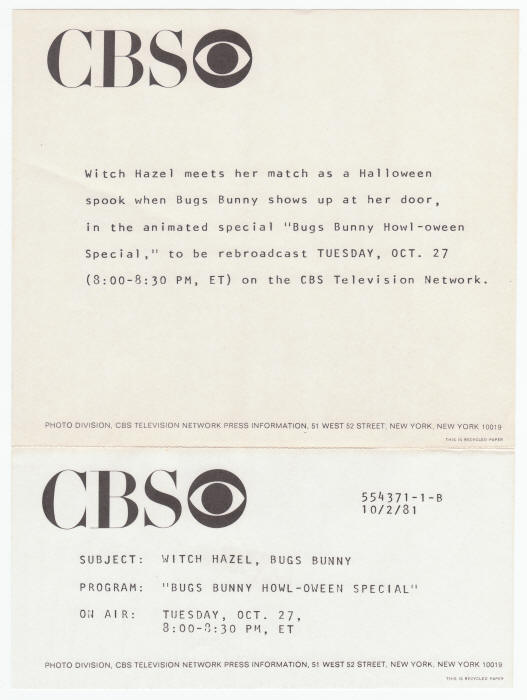 Bugs Bunny Howloween Special CBS Note