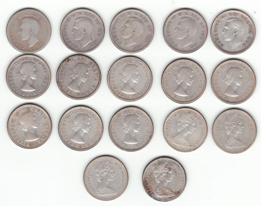 1939-1967 Lot of 17 Canadian Silver Dimes obverse