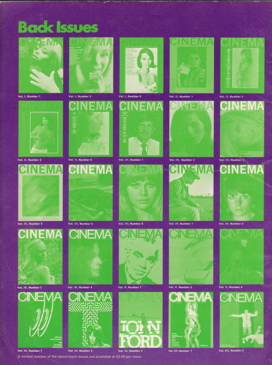 Cinema Volume 7 #3 Issue 32 Winter 1972 back cover