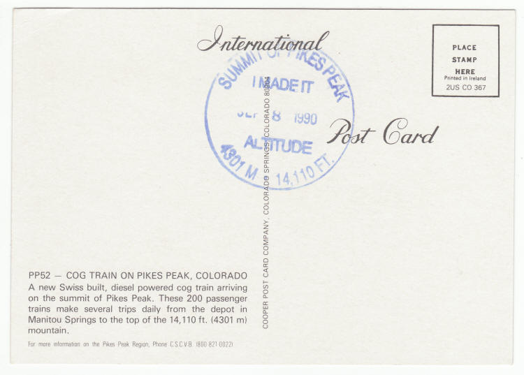 Pikes Peak Cog Train Post Card back