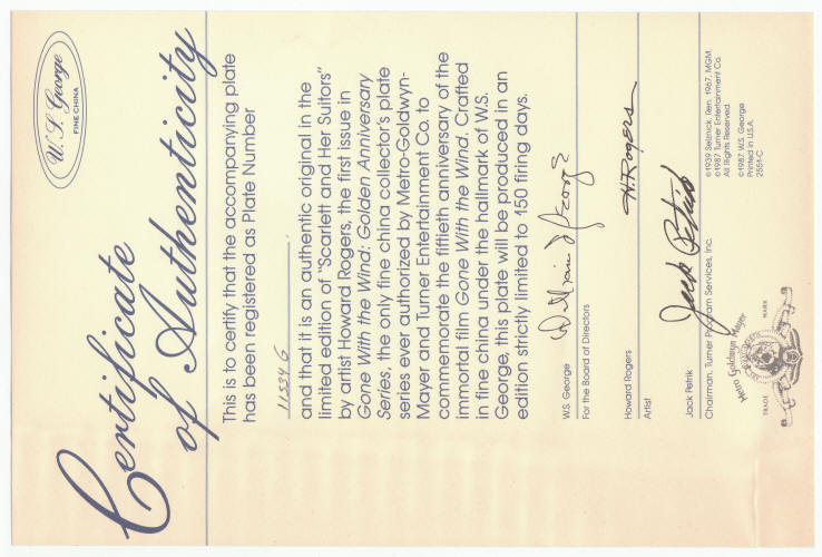 Gone With The Wind Golden Anniversary Plate 1 COA