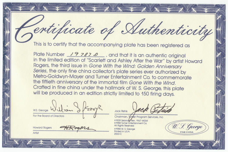 Gone With The Wind Golden Anniversary Plate 3 COA