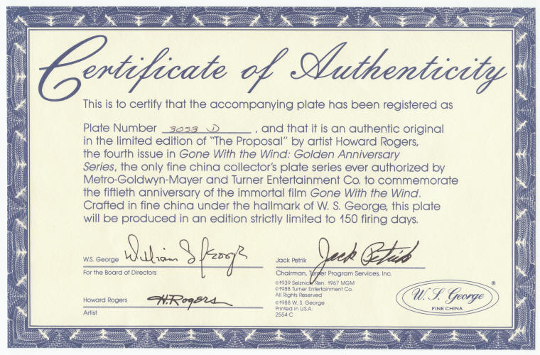 Gone With The Wind Golden Anniversary Plate 4 COA
