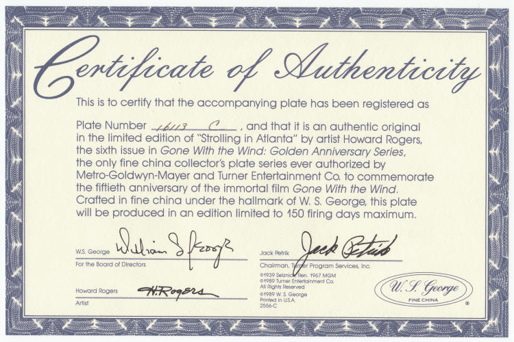 Gone With The Wind Golden Anniversary Plate 6 COA