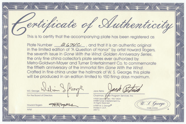 Gone With The Wind Golden Anniversary Plate 7 COA
