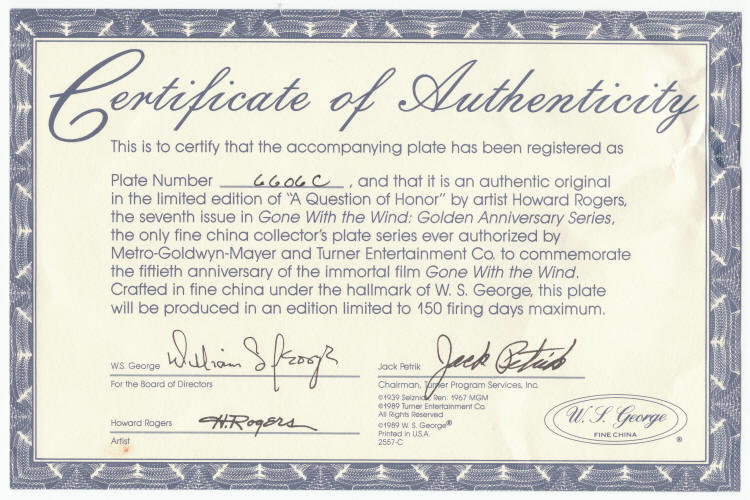 Gone With The Wind Golden Anniversary Plate 7 COA