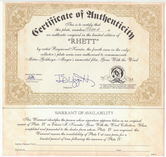 Gone With The Wind Plate 4 COA