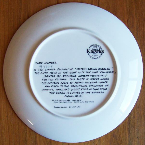 Gone With The Wind Plate 5 back
