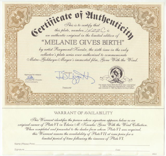 Gone With The Wind Plate 6 COA