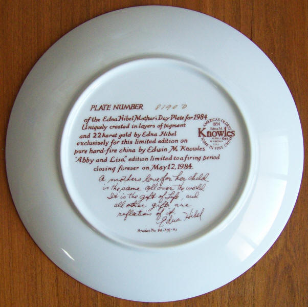 Edna Hibel 1984 Mothers Day Plate back