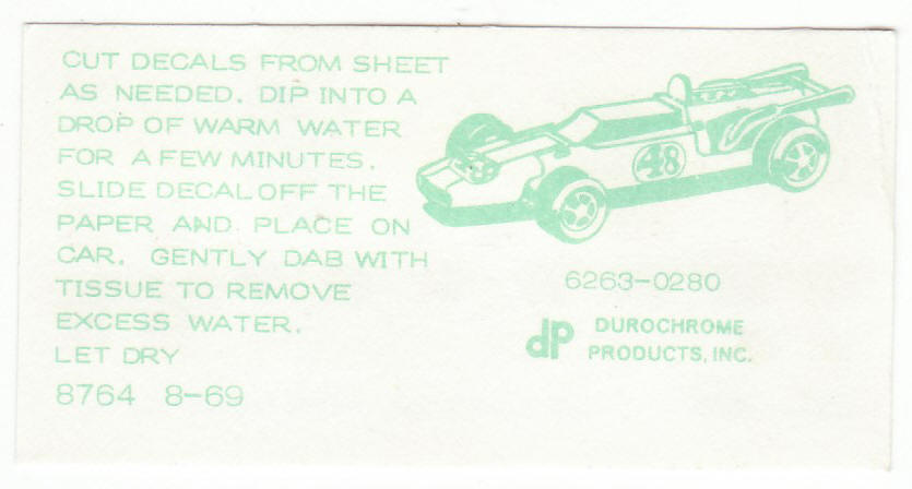 Mattel Hot Wheels Indy Eagle Decals 1969