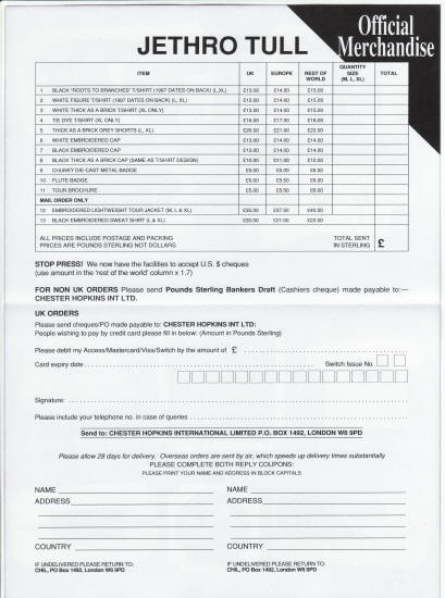 Jethro Tull Official 1997 Merchandise Flyer