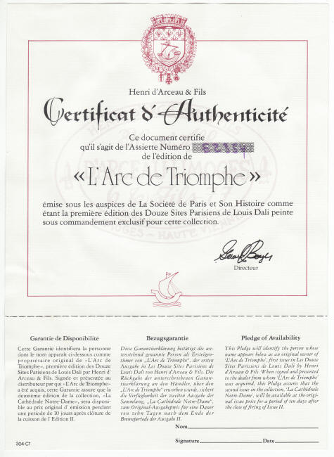 L'Arc de Triomphe Collectors Plate COA