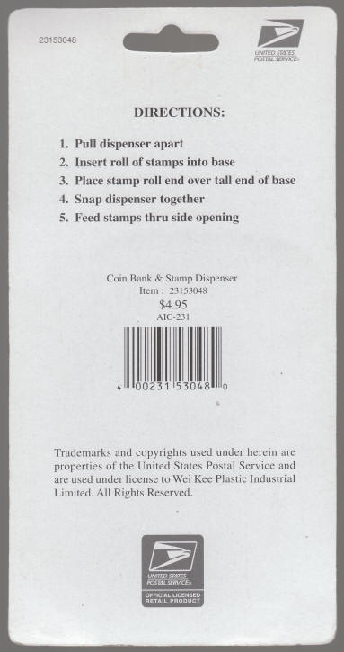 US Mailbox Coin Bank And Stamp Dispenser back