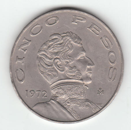 1972 Mexico 5 Pesos Coin reverse